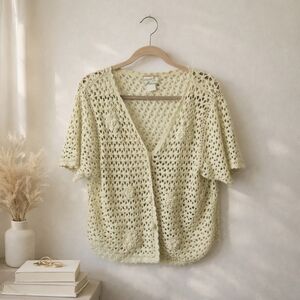 April Cornell Crochet Cardigan 3D Flowers Size S Vtg Y2K Short Sleeve
